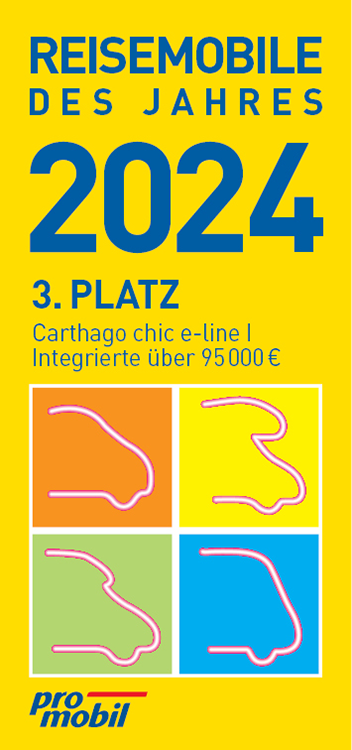 Eine bunte Award-Grafik mit fettgedrucktem Text: Reisemobile des Jahres 2024, 3. Platz, Carthago chic e-line I, Integrierte über 95000 €, und vier umrissene Reisemobilformen in verschiedenen Farben. Promobil-Logo am unteren Rand.