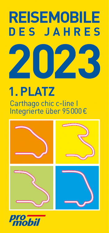 Preisgrafik mit dem Text Reisemobile des Jahres 2023, 1. Platz, Carthago chic c-line I Integrierte über 95000 € über vier bunten Quadraten mit stilisierten Strichzeichnungen von Reisemobilen und dem promobil-Logo am unteren Rand.
