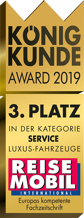 Auf einer gold-schwarzen Plakette steht: König Kunde Award 2019, 3. Platz in der Kategorie Service Luxus-Fahrzeuge, mit dem Logo von Reisemobil International und dem Schriftzug Europas kompetente Fachzeitschrift am unteren Rand.
