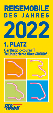 Preisplakette mit Text: Reisemobile des Jahres 2022, 1. Platz, Carthago c-tourer T, Teilintegrierte über 60.000 €, promobil. Vier abstrakte Fahrzeugumrisse sind in farbigen Quadraten dargestellt.