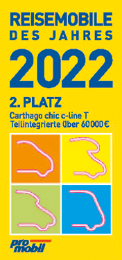 Preisgrafik mit gelbem Hintergrund: Reisemobile des Jahres 2022, 2. Platz für den Carthago chic c-line T in der Kategorie über 60.000 Euro, mit vier bunten abstrakten Wohnmobilumrissen und dem promobil-Logo am unteren Rand.