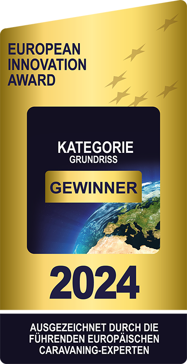 Eine goldene Plakette mit der Aufschrift Europäischer Innovationspreis, Kategorie Grundriss Gewinner 2024, mit einer Abbildung der Erde und einem Text in deutscher Sprache am unteren Rand.