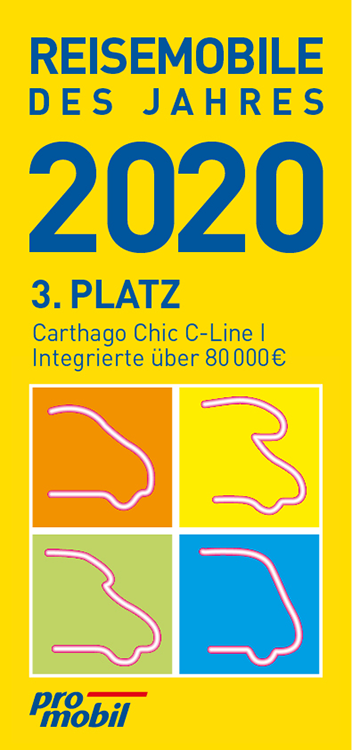 Eine deutsche Preisgrafik mit dem fettgedruckten Text REISEMOBILE DES JAHRES 2020, 3. PLATZ für Carthago Chic C-Line, sowie vier farbig umrandete Reisemobil-Symbole und das promobil-Logo am unteren Rand.