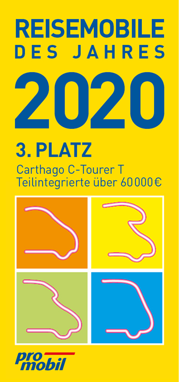 Urkunde mit dem Reisemobil des Jahres 2020, 3. Platz: Carthago C-Tourer T, Teilintegrierte über 60000€, mit vier stilisierten Wohnmobilumrissen und dem promobil-Logo am unteren Rand.