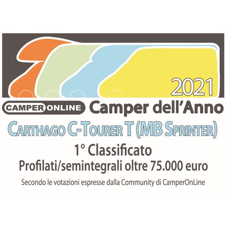 Preisgrafik mit farbigen Wohnmobilkonturen und Text: 2021 Camper dell'Anno, Carthago C-Tourer T (MB Sprinter), 1° Classificato, Profili/semintegrali oltre 75.000 euro, CamperOnline Community vote.