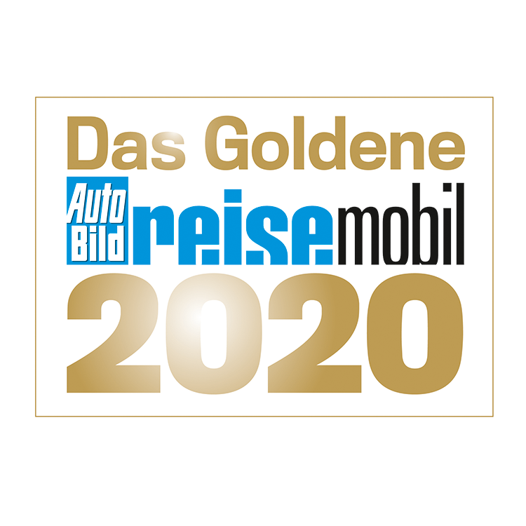 Auszeichnungslogo mit goldenem Schriftzug Das Goldene 2020 und blauem und schwarzem Schriftzug Auto Bild reisemobil, der auf eine Auszeichnung der deutschen Automobilzeitschrift Auto Bild Reisemobil im Jahr 2020 hinweist.