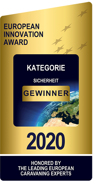 Goldene und schwarze Plakette mit der Aufschrift European Innovation Award, Kategorie Sicherheit Gewinner, und 2020, mit einem Bild der Erde und einer Botschaft darunter, die führende europäische Caravaning-Experten auszeichnet.
