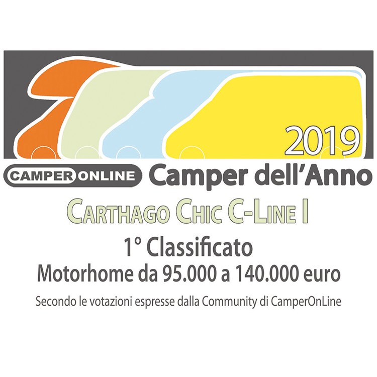 Preisgrafik mit drei stilisierten Wohnmobilen in Orange, Grün und Gelb. Der Text lautet: Camper dell'Anno 2019, Carthago Chic C-Line I, 1° Classificato, Motorhome da 95.000 a 140.000 euro, by CamperOnline community.