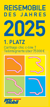 Eine farbenfrohe Award-Grafik mit dem Text Reisemobile des Jahres 2025, 1. Platz, Carthago chic c-line T, Teilintegrierte über 75.000 € und vier konturierten Fahrzeugabbildungen in verschiedenen Farben. ProMobil-Logo am unteren Rand.