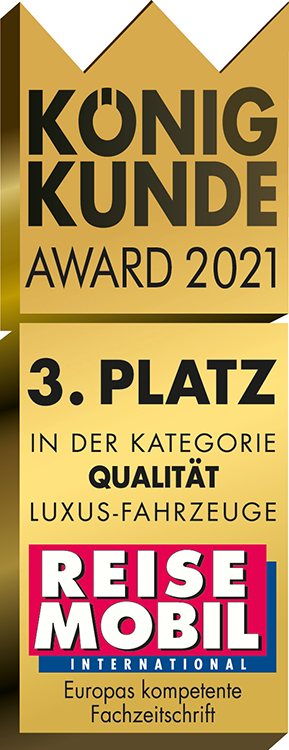 Gold-schwarze Preisgrafik mit der Aufschrift König Kunde Award 2021, 3. Platz in der Kategorie Qualität Luxus-Fahrzeuge mit dem Logo von Reise Mobil International am unteren Rand.