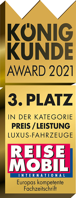 Goldene und bronzene Auszeichnungsplakette mit Text: König Kunde Award 2021. 3. Platz in der Kategorie Preis/Leistung Luxus-Fahrzeuge. Reisemobil International. Europas kompetente Fachzeitschrift.