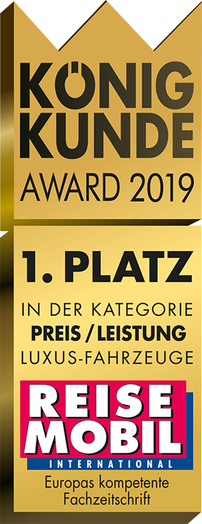 Goldene und schwarze Award-Grafik mit Text: König Kunde Award 2019, 1. Platz in der Kategorie Preis/Leistung Luxus-Fahrzeuge und das Logo von Reisemobil International Europas kompetente Fachzeitschrift.