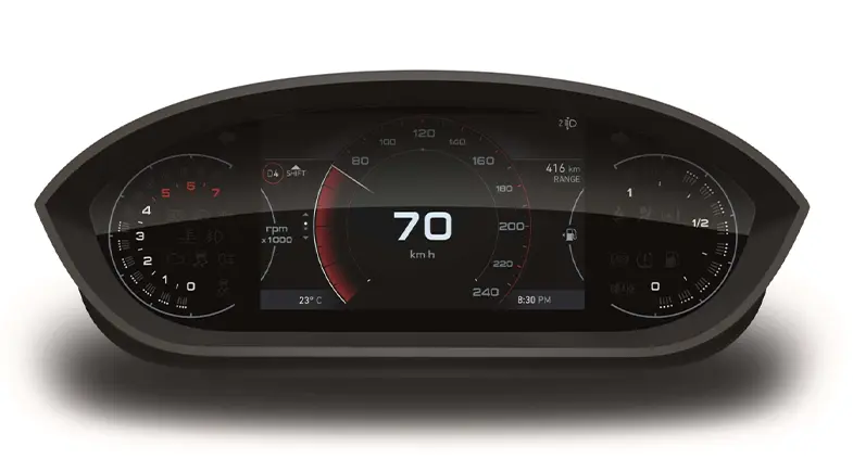 The digital display in a Fiat Ducato motorhome dashboard, showing the speedometer ( 70 km/h), tacho ( 2,100 rpm), fuel gauge, temperature gauge (23°C), clock (20:30) and residual range ( 416 km).