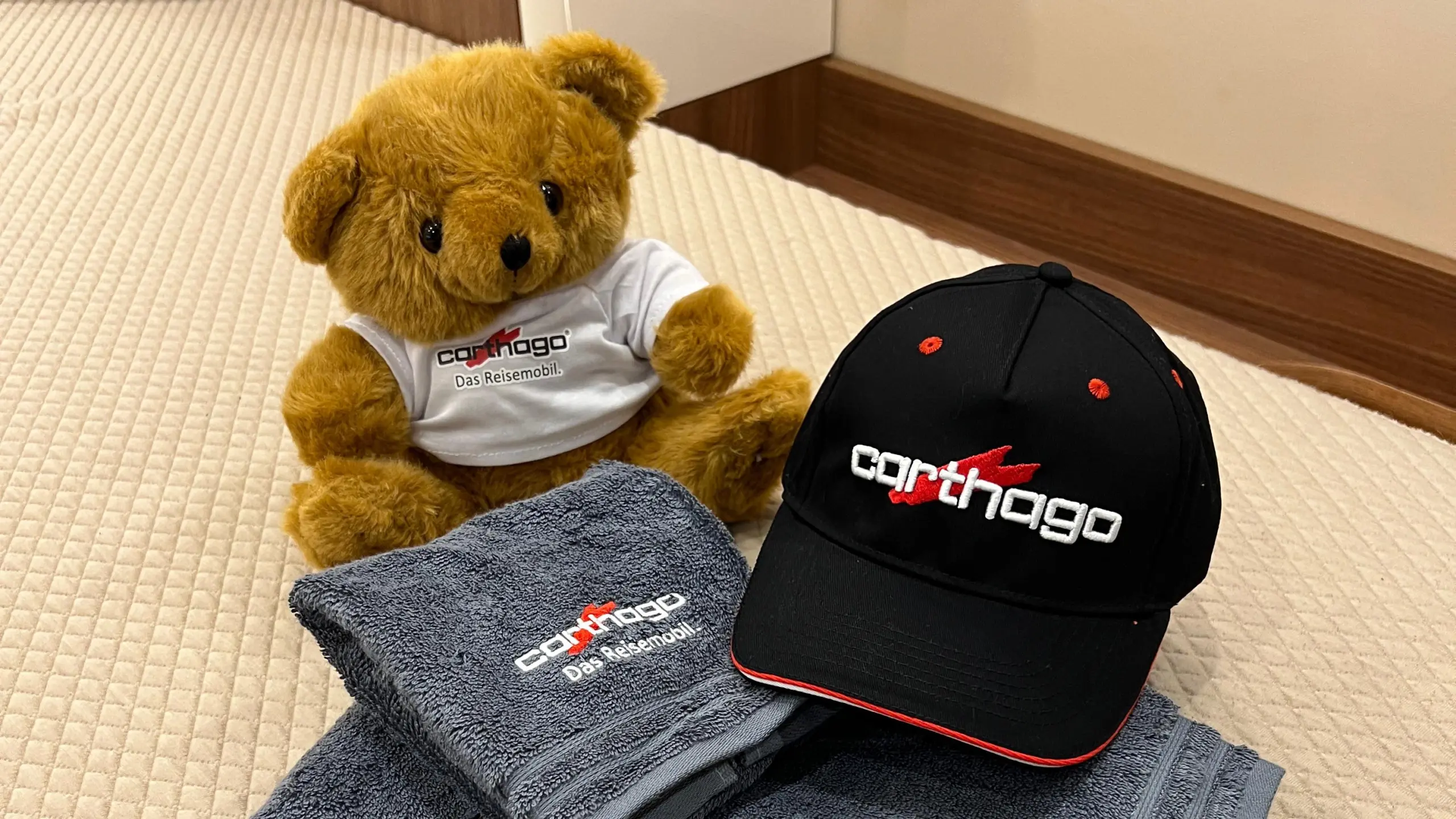 Ein brauner Teddybär mit einem weißen Carthago-Hemd sitzt auf einem beigen Teppich neben zwei grauen Carthago-Handtüchern und einer schwarzen Carthago-Baseballmütze mit roten Akzenten.