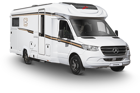Ein weißes Mercedes-Benz Wohnmobil mit schwarzen und goldenen Akzentstreifen, großen Seitenfenstern und einer Seitentür, geparkt auf einem schlichten weißen Hintergrund.
