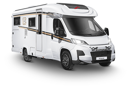 Ein weißes Wohnmobil mit schwarz-goldenen Streifen, großen Seitenfenstern und schwarzen Leichtmetallrädern, geparkt auf einem schlichten weißen Hintergrund.