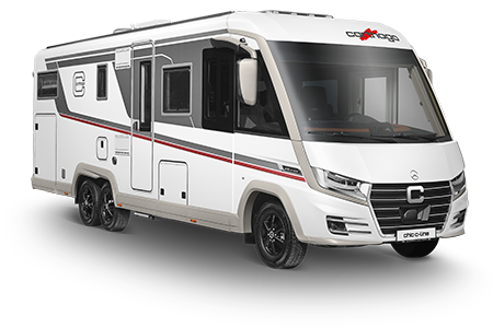 Ein modernes weißes Wohnmobil mit schwarzen und roten Akzentstreifen, großen Fenstern, einer Seitentür und schwarzen Rädern, dargestellt von vorne auf einem weißen Hintergrund.