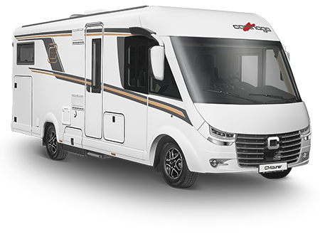 Ein modernes weißes Wohnmobil mit schwarzen und grauen Akzenten, großen Seitenfenstern und einem schnittigen Kühlergrill, geparkt auf einem schlichten Hintergrund.