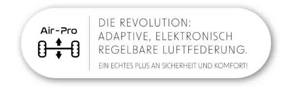 Logo und Diagramm einer Fahrzeugaufhängung neben einem deutschen Text: Die Revolution: Adaptive, elektronisch regelbare Luftfederung für Iveco Daily Wohnmobile. Ein echtes Plus an Sicherheit und Komfort!.