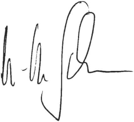 Eine stilisierte, kursive Unterschrift in schwarzer Tinte mit hohen, geschwungenen Strichen und einem fließenden, verbundenen Design auf weißem Hintergrund.