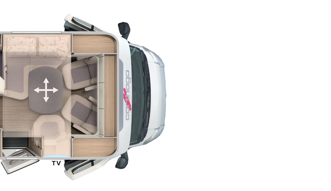 Draufsicht auf den Innenraum eines Wohnmobils, ähnlich dem Carthago C1 Tourer Plus Teilintegriert, mit einem Tisch mit vier Sitzplätzen, einem Fernseher in der Nähe des Eingangs und einem Fahrerhausbereich im vorderen Bereich mit der Aufschrift "Carado".