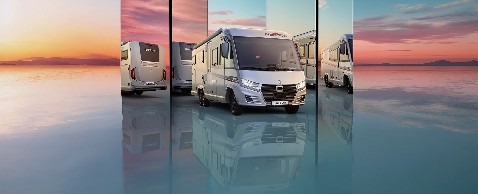 Ein elegantes, modernes Wohnmobil der Carthago Chic C Line wird aus verschiedenen Blickwinkeln gezeigt, gespiegelt auf einer glänzenden Oberfläche mit einem leuchtenden Sonnenuntergangshimmel und ruhigem Wasser im Hintergrund.