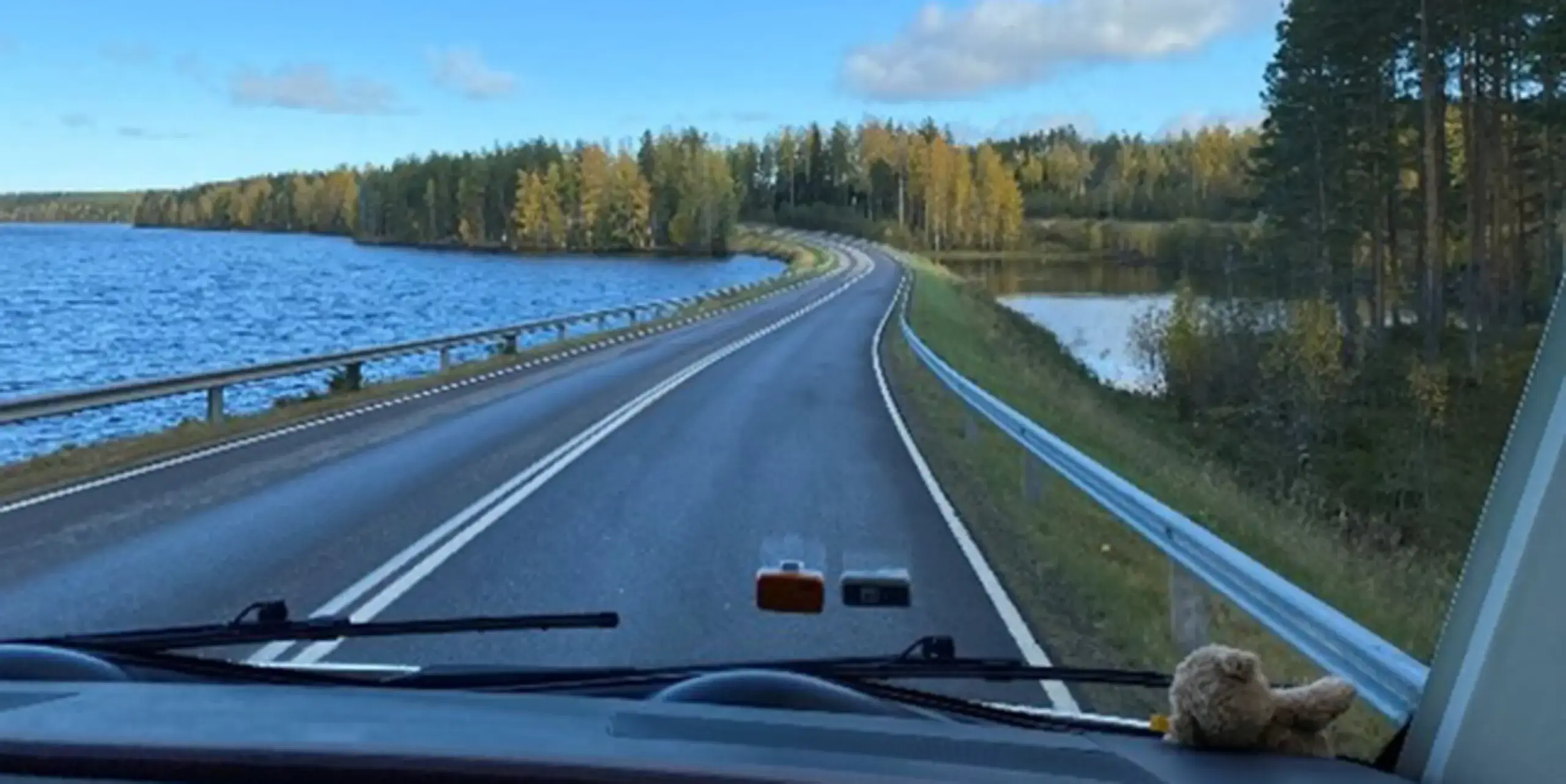 Blick aus dem Inneren eines Fahrzeugs, das auf einer kurvenreichen Straße entlang eines Sees fährt, mit Bäumen auf beiden Seiten und einem kleinen ausgestopften Tier auf dem Armaturenbrett. Der Himmel ist klar und blau.
