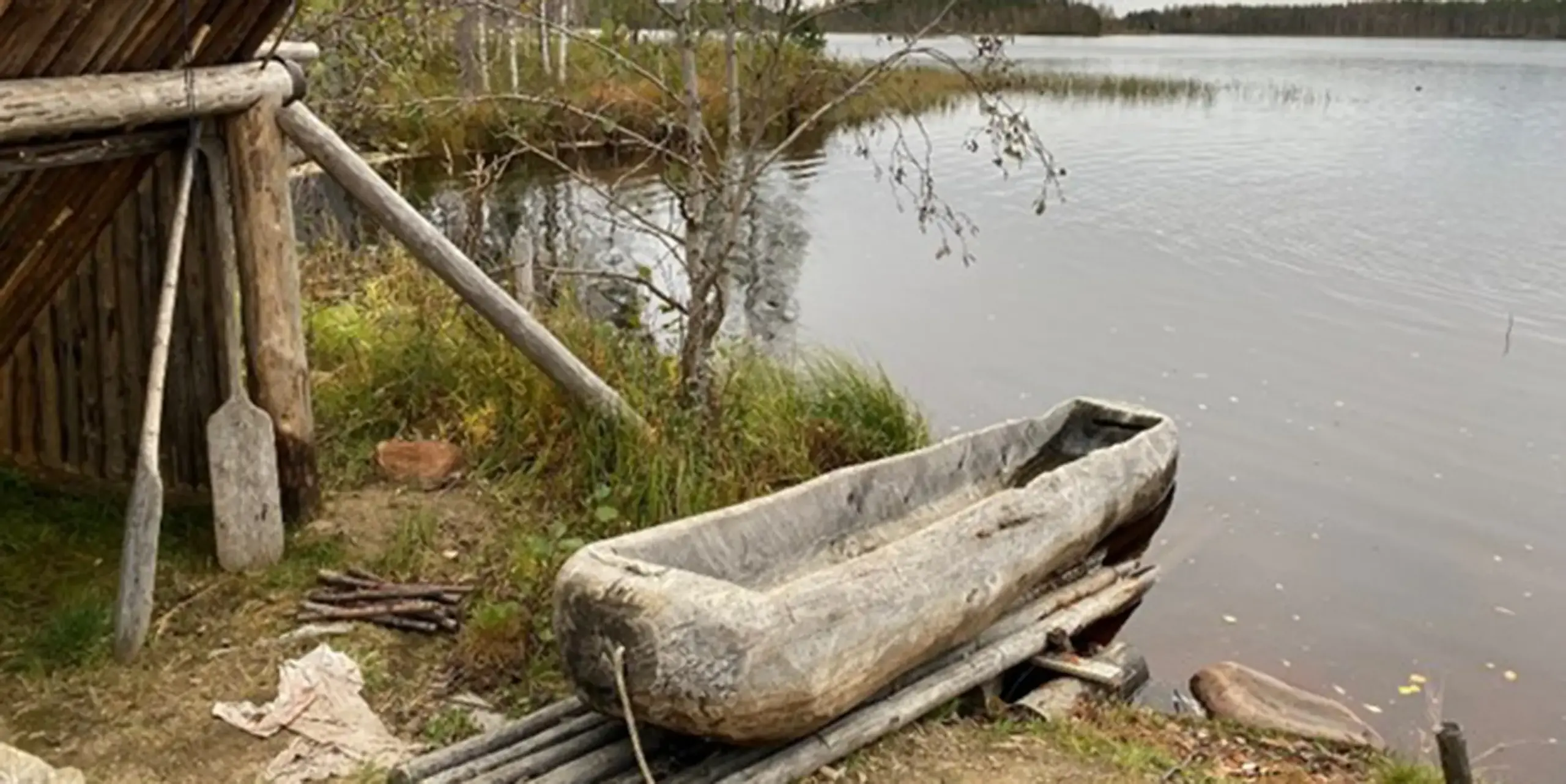 Ein ausgehöhltes Holzkanu ruht auf Baumstämmen an einem ruhigen See, neben einem rustikalen Holzunterstand und einigen Paddeln, mit Bäumen und Schilf entlang des Ufers im Hintergrund.