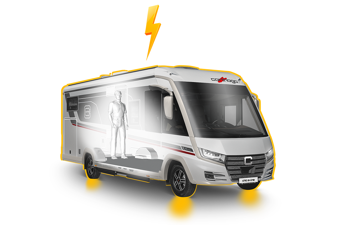 Die Grafik eines weißen Wohnmobils hebt das Design von karosseriebau wohnmobil hervor, wobei eine halbtransparente Seite eine stehende menschliche Figur im Inneren zeigt. Das Wohnmobil ist gelb umrandet und wird von einem gelben Blitz gekrönt, der Elektrizität oder Strom suggeriert.