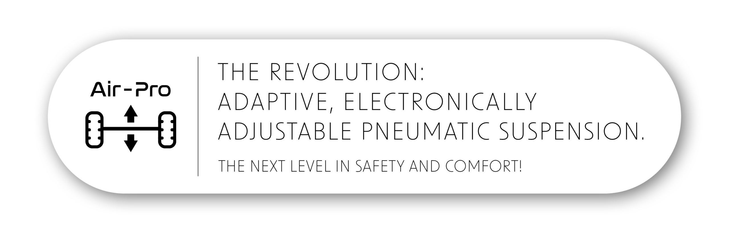 Logo and diagram of a vehicle suspension system next to German text: Revolutionary: adaptive, electronically controlled pneumatic suspension for Iveco Daily motorhomes. A real plus in terms of safety and comfort!