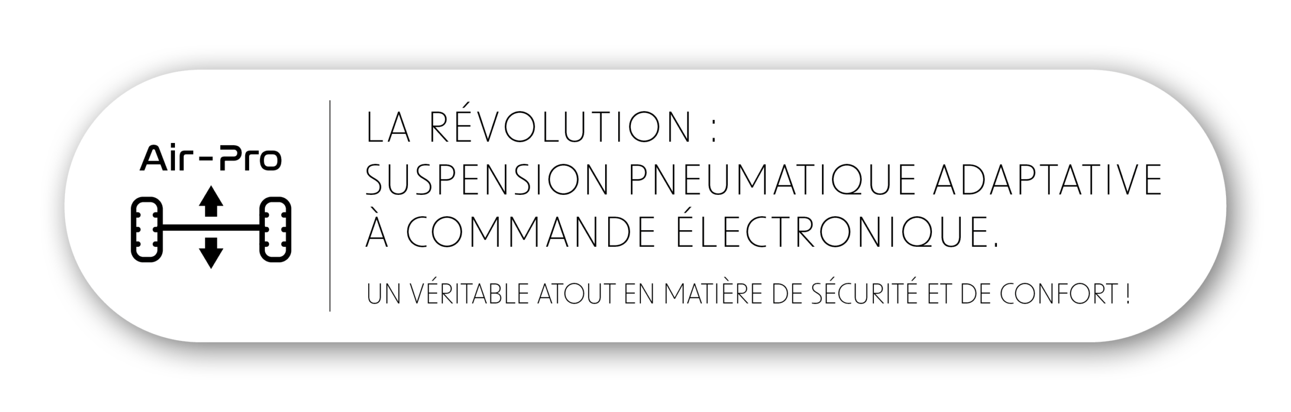 Logo et schéma d’une suspension de véhicule à côté du texte en français : La révolution : suspension pneumatique adaptative à commande électronique pour camping-cars Iveco Daily. Un véritable atout en termes de sécurité et de confort !