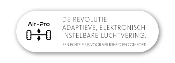 Logo en diagram van voertuigophanging naast Duitse tekst: De revolutie: adaptieve, elektronisch regelbare luchtvering voor Iveco Daily-campers. Een echte plus voor veiligheid en comfort!